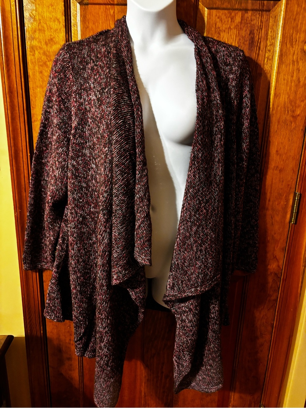 Catherines Open-Front Knit Cardigan - Burgundy and Black Blend